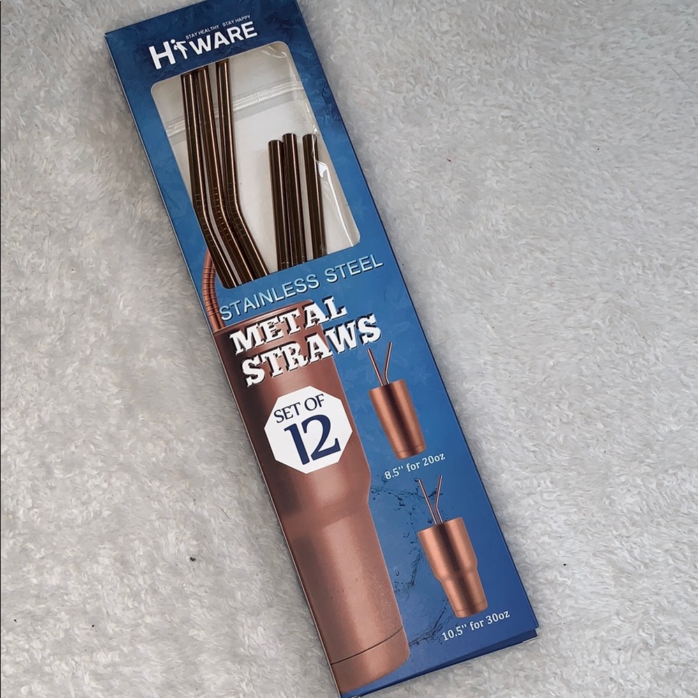 NEW Reusable Stainless Steel Metal Straws Set of 12 Rose Gold
